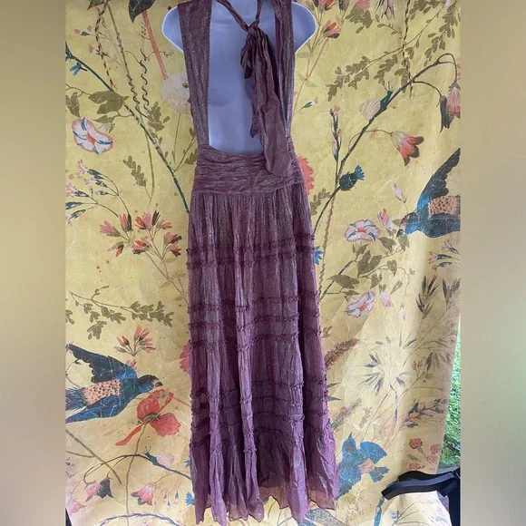 Anthropologie x BHLDN Juniper Metallic Tiered Backless High-Neck Gown
